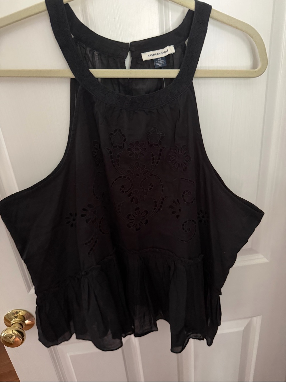 American Eagle Outfitters Black Eyelet Peplum Halter Tank